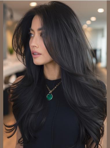 Black Long Wig 22" Monofilament Remy Human Hair Wigs