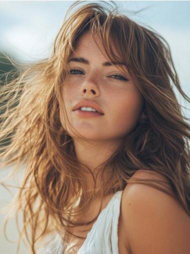 Long Wavy Wig With Bangs Remy Human Hair 18" Monofilament Wigs