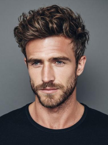 Real Human Hair Wigs For Men Boycuts 4" Wavy Brown Cropped Wigs