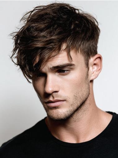 Realistic Mens Wig With Bangs 4" Straight Brown Cropped Wigs