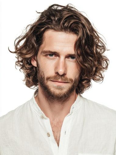 Wigs Male Remy Human Hair Wavy Layered Brown Chin Length Wigs