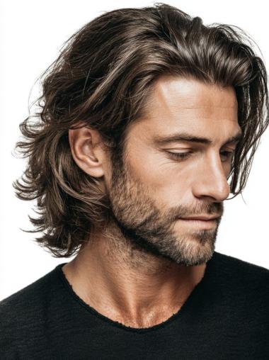 Men Real Hair Wig Layered 10" Wavy Brown Chin Length Wigs