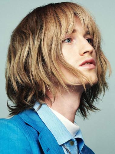 Real Hair Male Wigs With Bangs 12" Wavy Blonde Shoulder Length Wigs