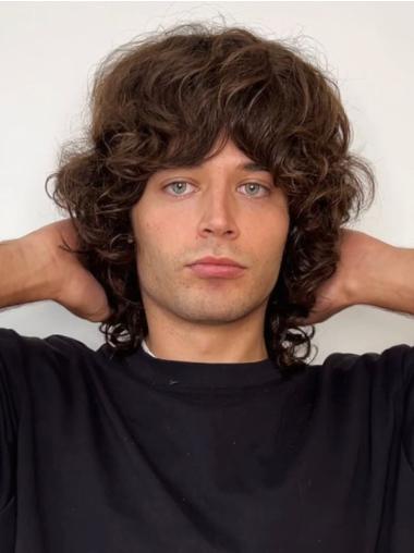Male Wigs For Baldness With Bangs Brown Curly Human Hair Lace Front Wigs