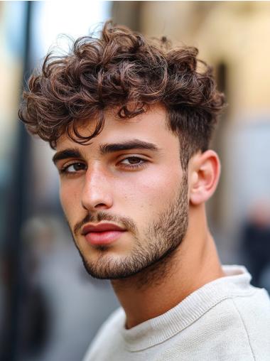 Mens Hair Wig Brown Short 6" Curly Layered Wigs