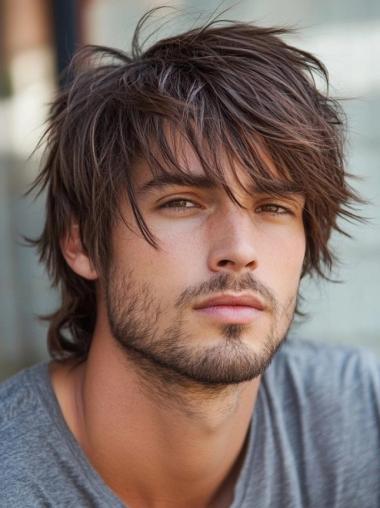 Male Wig Real Hair With Bangs 6" Straight Brown Short Wigs