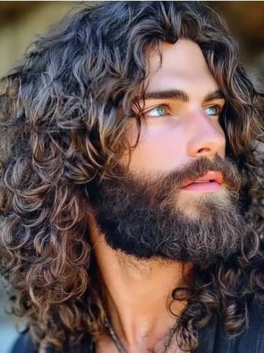 Male Wigs That Look Real Brown Shoulder Length 14" Curly Layered Wigs