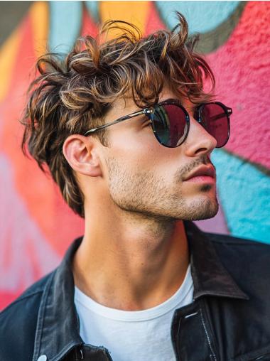 Male Lace Wigs Layered 6" Curly Remy Human Hair Wigs