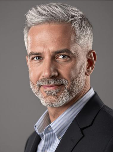 Mens Gray Wig Boycuts Remy Human Hair 4" Straight Wigs