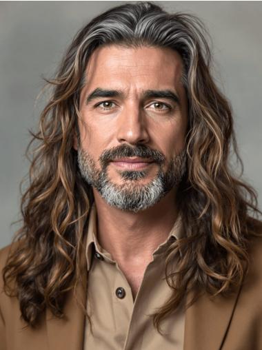 Male Long Hair Wigs Grey Wavy 16" Remy Human Hair Wigs