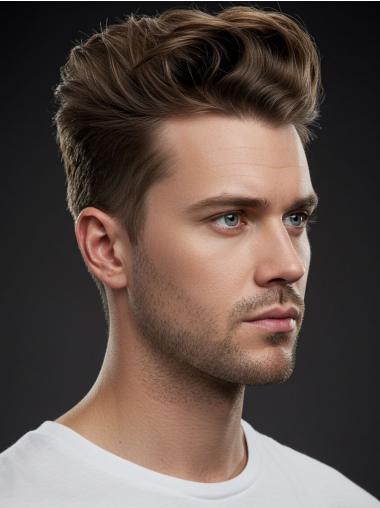 Human Hair Mens Wig Layered 4" Wavy Brown Cropped Wigs