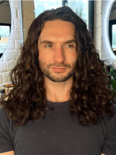 Mens Long Haired Wigs Brown Curly 16" Remy Human Hair Wigs