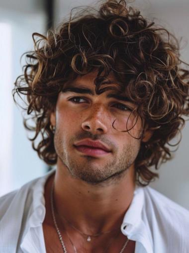 Lace Front Wigs For Men Brown Curly Remy Human Hair With Bangs Wigs