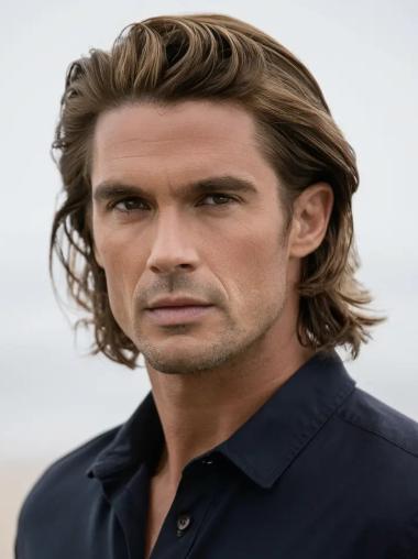 Natural Looking Wigs For Men Layered Brown Wavy Remy Human Hair Wigs