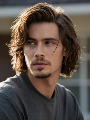 Real Hair Wigs Men Layered 10" Wavy Brown Chin Length Wigs