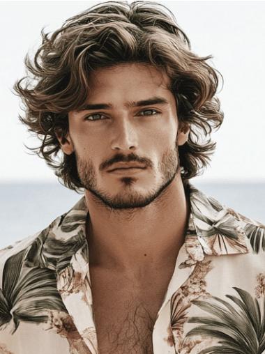 Mens Lace Front Wig Brown Wavy Remy Human Hair Layered Wigs