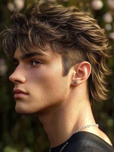 Mens Lace Front Wigs Brown Straight Remy Human Hair Layered Wigs