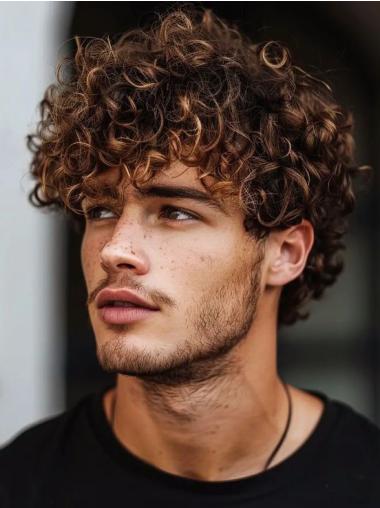 Mens Real Human Hair Wigs With Bangs 6" Curly Brown Short Wigs