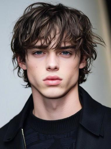 Male Lace Front Wigs Brown Wavy Remy Human Hair With Bangs Wigs