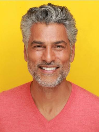 Mens Grey Hair Wig Remy Human Hair Cropped Lace Front Straight Wigs