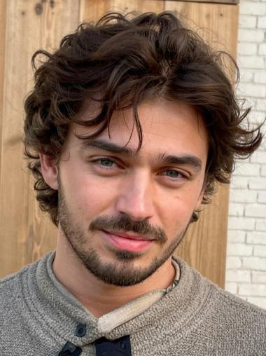 Men's Human Hair Wigs Monofilament Curly Layered 6" Wigs