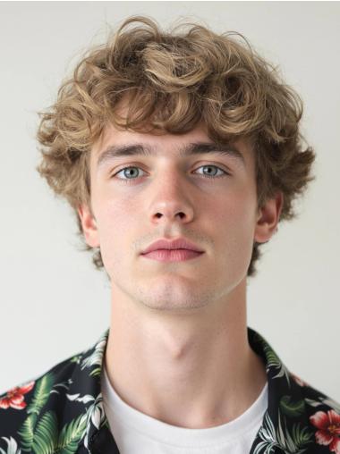 Blonde Male Wigs Monofilament Curly With Bangs 6" Wigs