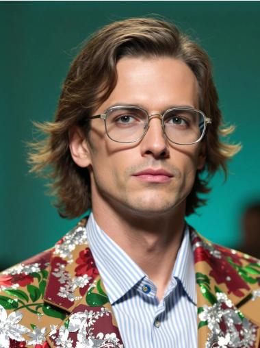 Mens Wigs Online Layered Brown Wavy Remy Human Hair Monofilament Wigs