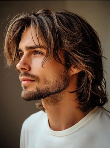 Male Hair Wig With Bangs Brown Wavy Remy Human Hair Lace Front Wigs