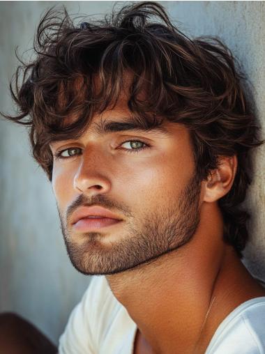 Human Hair Wigs Mens 6" Monofilament Wavy With Bangs Wigs