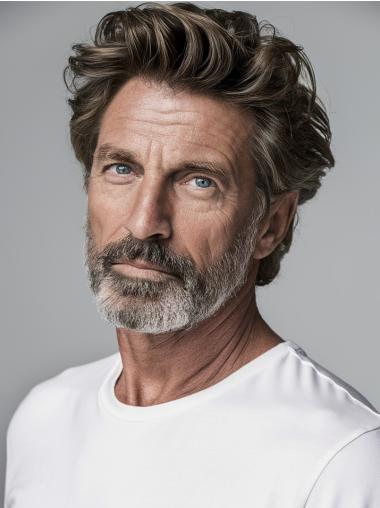 Gray Hair Wigs For Men Remy Human Hair Short Monofilament Wavy Wigs