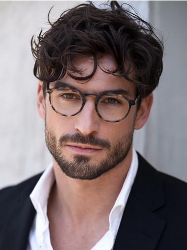 Mens Hair Wigs Monofilament Wavy Black Short Wigs