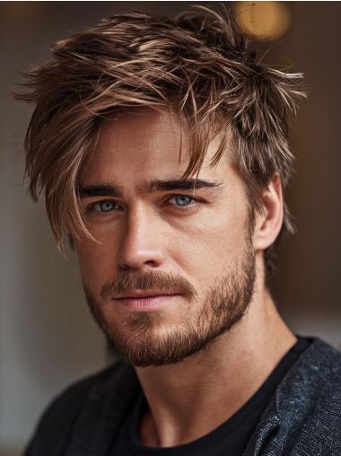 Mens Wigs Remy Human Hair Straight With Bangs Brown Short Wigs