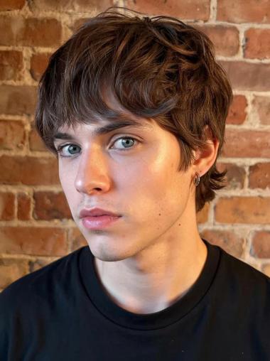 Mens Lace Wigs Brown Wavy Remy Human Hair With Bangs Wigs