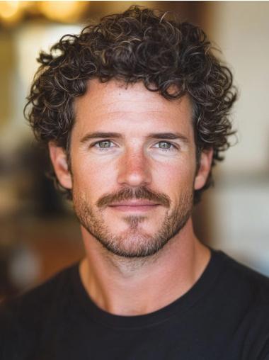 Mens Human Hair Wigs 4" Lace Front Curly Boycuts Wigs