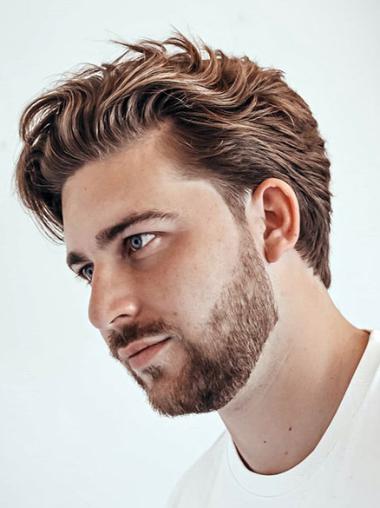 Male Wigs Real Hair 6" Monofilament Wavy Boycuts Wigs