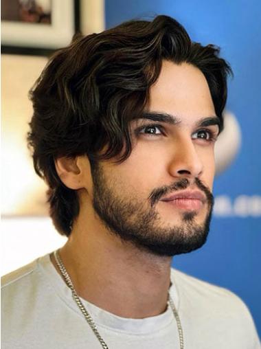 Mens Wigs Human Hair 6" Lace Front Wavy Layered Wigs