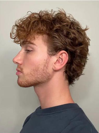 Men Hair Wig Monofilament Curly Brown Short Wigs