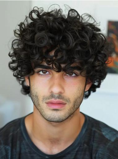 Human Hair Wigs For Men 8" Monofilament Curly With Bangs Wigs