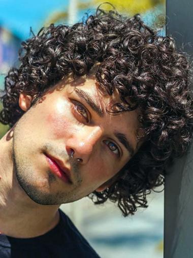 Mens Hair Wigs Remy Human Hair Curly With Bangs Brown Short Wigs