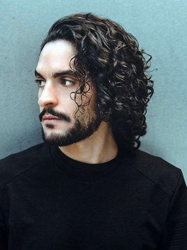 Mens Wigs Layered Black Curly Remy Human Hair Monofilament Wigs