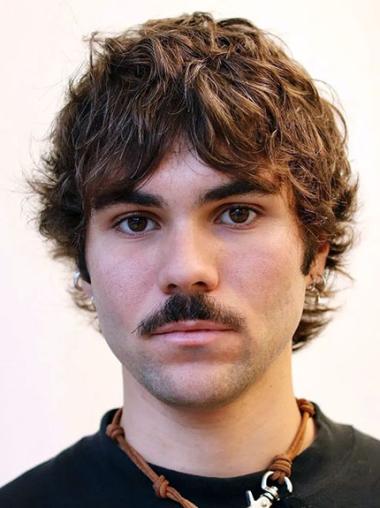 Real Hair Wigs For Men 6" Lace Front Wavy With Bangs Wigs