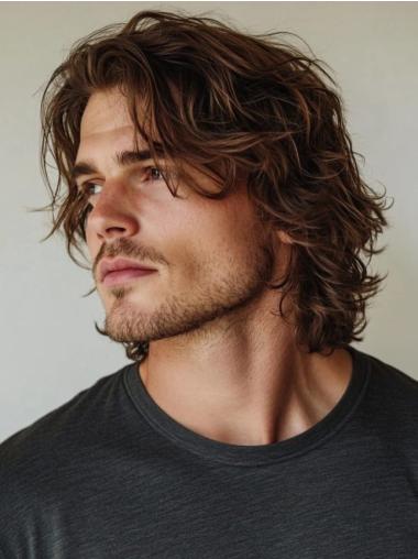 Mens Wigs For Sale Layered Brown Wavy Remy Human Hair Monofilament Wigs