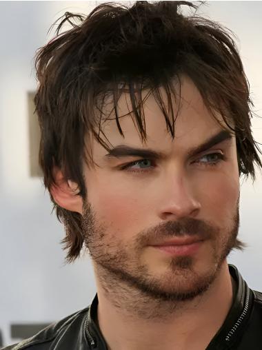 Wigs Human Hair Men 6" With Bangs Straight Monofilament Wigs