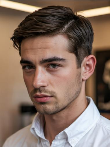 Men's Hair Wigs 4" Monofilament Remy Human Hair Straight Brown Wigs