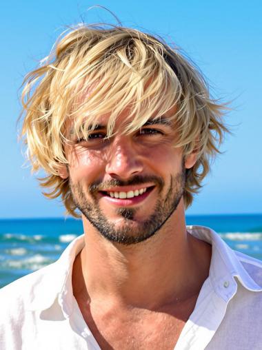 Mens Real Hair Wig 8" Monofilament Wavy With Bangs Wigs