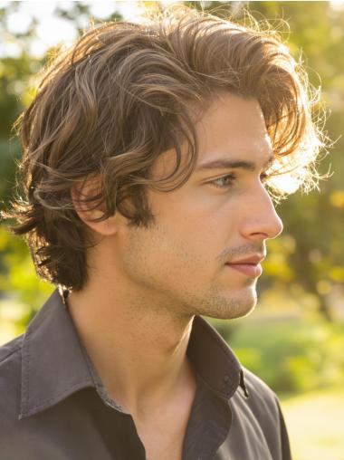 Male Wigs Human Hair 6" Monofilament Wavy Layered Wigs