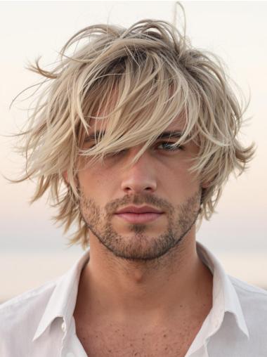 Mens Blonde Wigs 8" With Bangs Wavy Monofilament Wigs