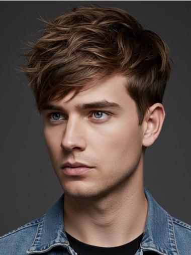 Human Hair Wigs For Mens 4" Monofilament Wavy With Bangs Wigs