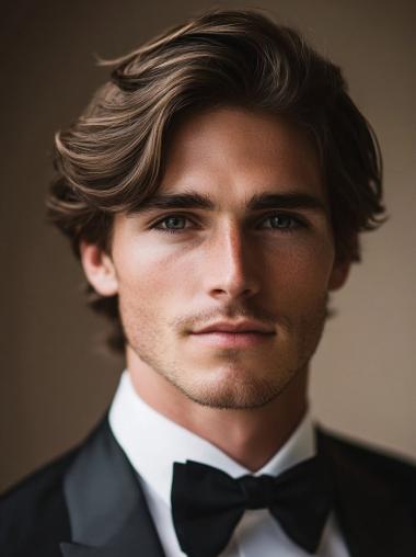 Male Human Hair Wigs 6" Monofilament Wavy With Bangs Wigs