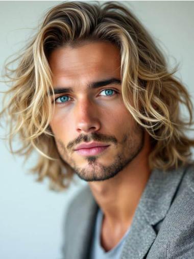 Wigs Man 12" Monofilament Remy Human Hair Wavy Blonde Wigs